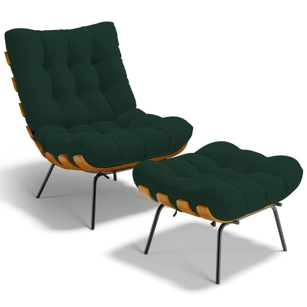 Poltrona Costela L02 Com Puff Sala De Estar Suede Verde Musgo - Lyam Decor
