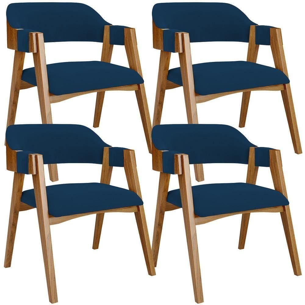 Kit 04 Cadeiras Para Sala De Jantar E Estar Living Estofada Suran L02 Suede Azul Marinho - Lyam