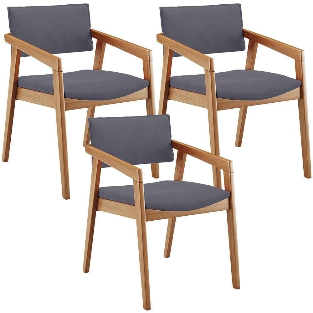 Kit 03 Cadeiras Para Sala De Jantar Estar Living Giorgia B04 Suede Cinza