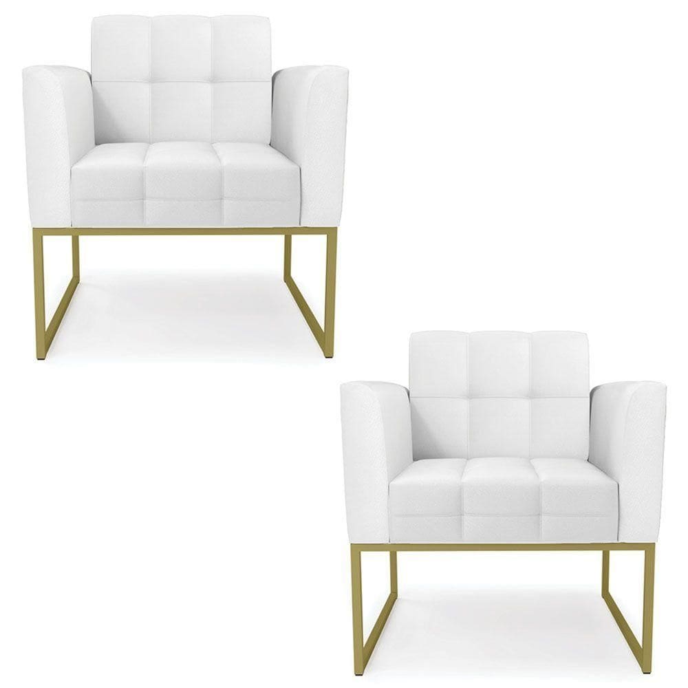 Poltrona Base Industrial Dourado Kit 2 Ana Sintético Branco