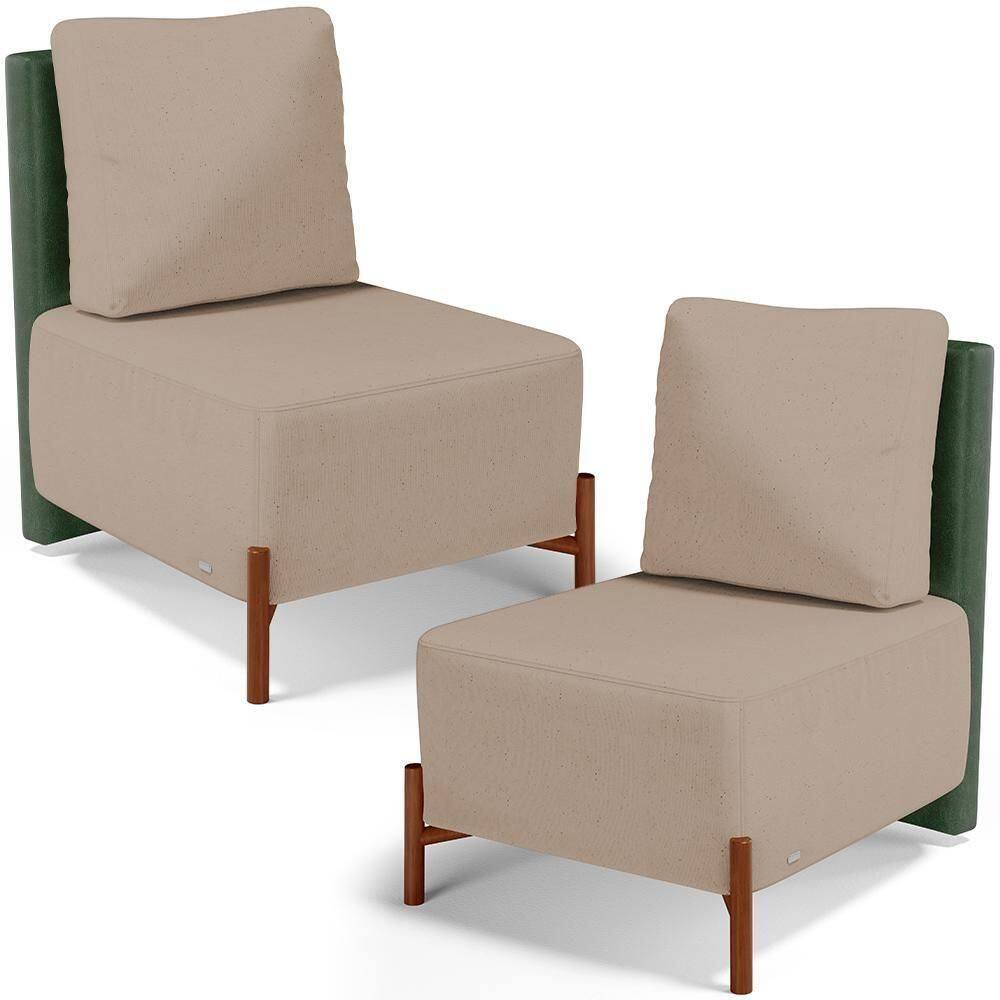 Kit 02 Poltronas Decorativas Sala Estar Living Hungria L02 Couríssimo Verde Linho Bege Escuro - Lyam