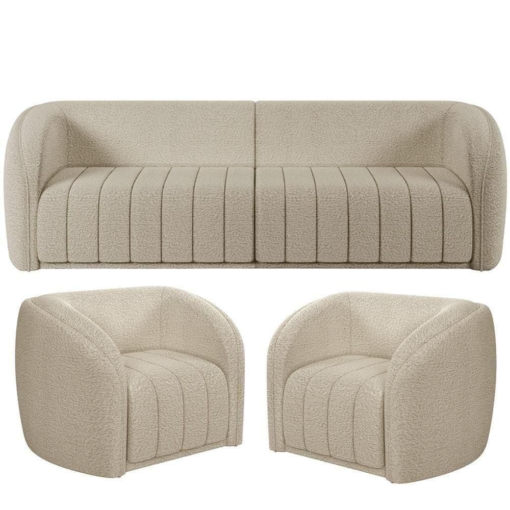 Kit Sofá 04 Lugares Para De Estar 252 Cm Com 02 Poltronas Lazio M03 Bouclê Bege