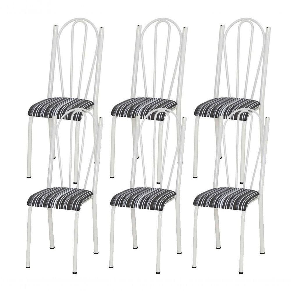Kit 06 Cadeiras Tubular Branca 021 Assento Preto Listrado Preto Listrado