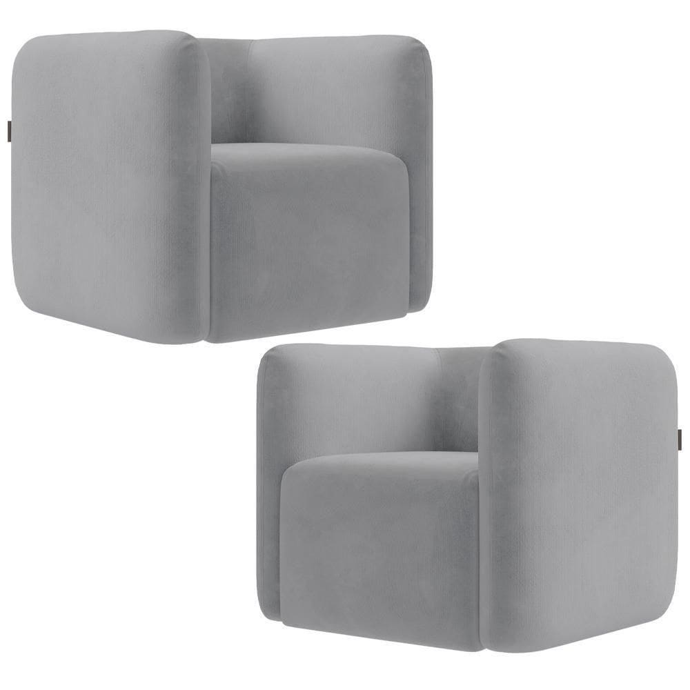 Kit 02 Poltronas Decorativas Para Sala De Estar Fixa Living Peônia K01 Veludo Cinza