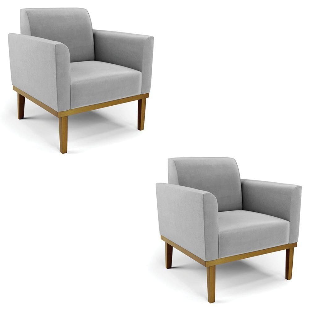 Poltrona Base Madeira Castanho Kit 2 Maressa Suede Cinza