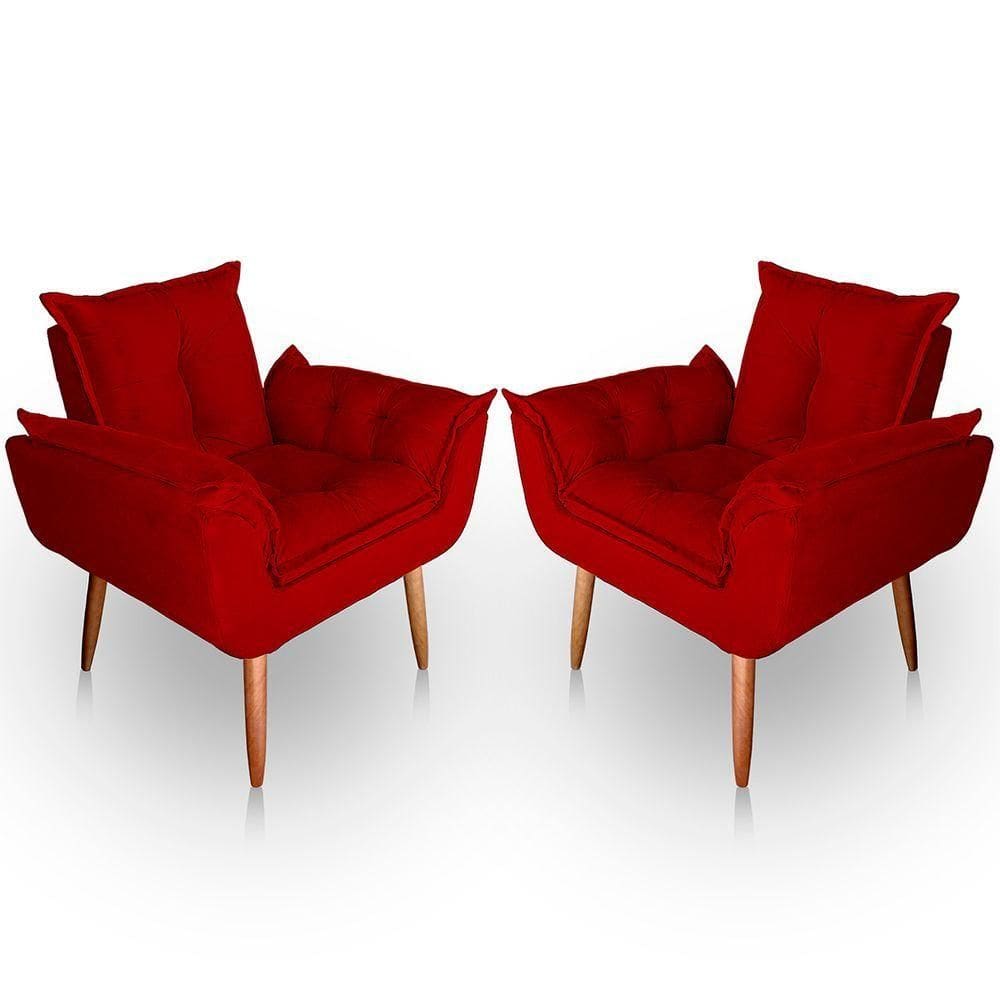 Kit 02 Poltrona Para Sala E Quarto Decorativa Opala Suede Vermelho