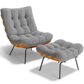 Poltrona Costela L02 Com Puff Sala De Estar Bouclê Cinza - Lyam Decor