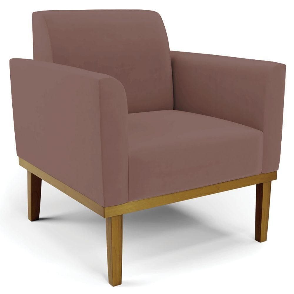 Poltrona Decorativa Base Madeira Castanho Maressa Veludo Rosê