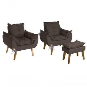 Kit 02 Poltrona-cadeira Decorativa E Puff Glamour Opala Marrom Smf Decor