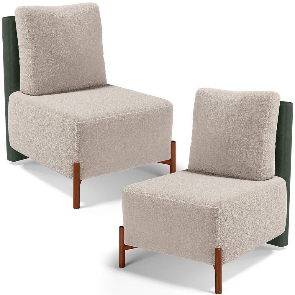 Kit 02 Poltronas Decorativas Sala De Estar Living Hungria L02 Couríssimo Verde Bouclê Creme