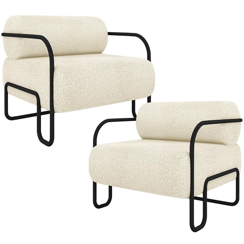 Kit 02 Poltronas Decorativa Pés Industrial Moscou K01 Bouclê Creme - Lyam Decor