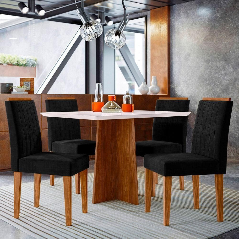 Conjunto Mesa De Jantar 1,20m Anitta Tampo Mdf Com Vidro E 4 Cadeiras Ana Ypê Off White