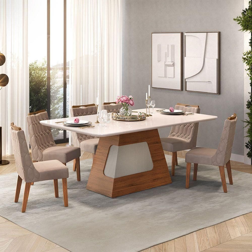 Conjunto De Mesa Dala 180x90cm Com 6 Cadeiras Bia Dj Móveis Freijó-off White-bege