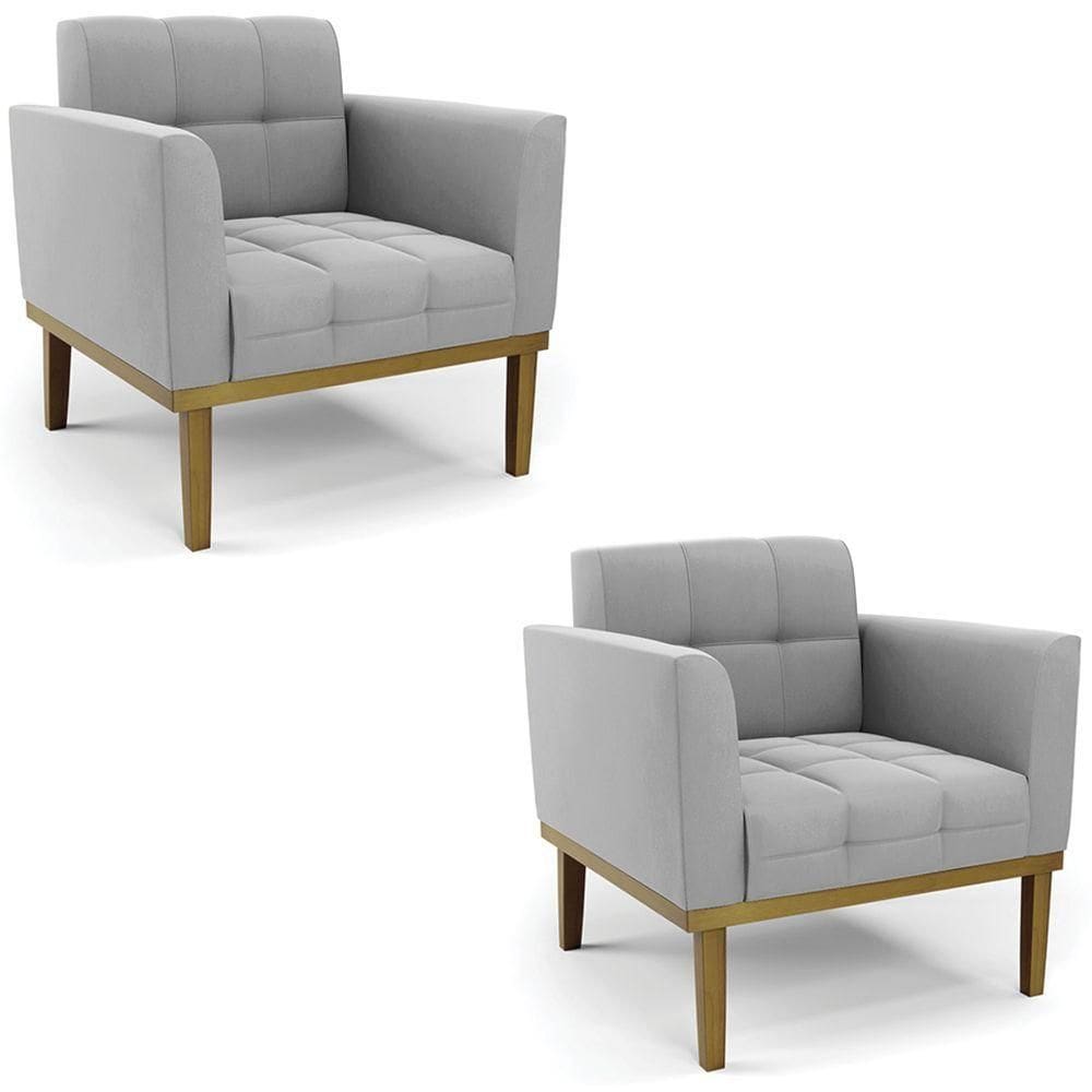 Poltrona Base Madeira Castanho Kit 2 Ana Suede Cinza