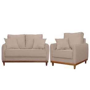 Kit Poltrona E Sofa Sena 2 Lugar Base De Madeira Para Sala Hotel Linho Bege
