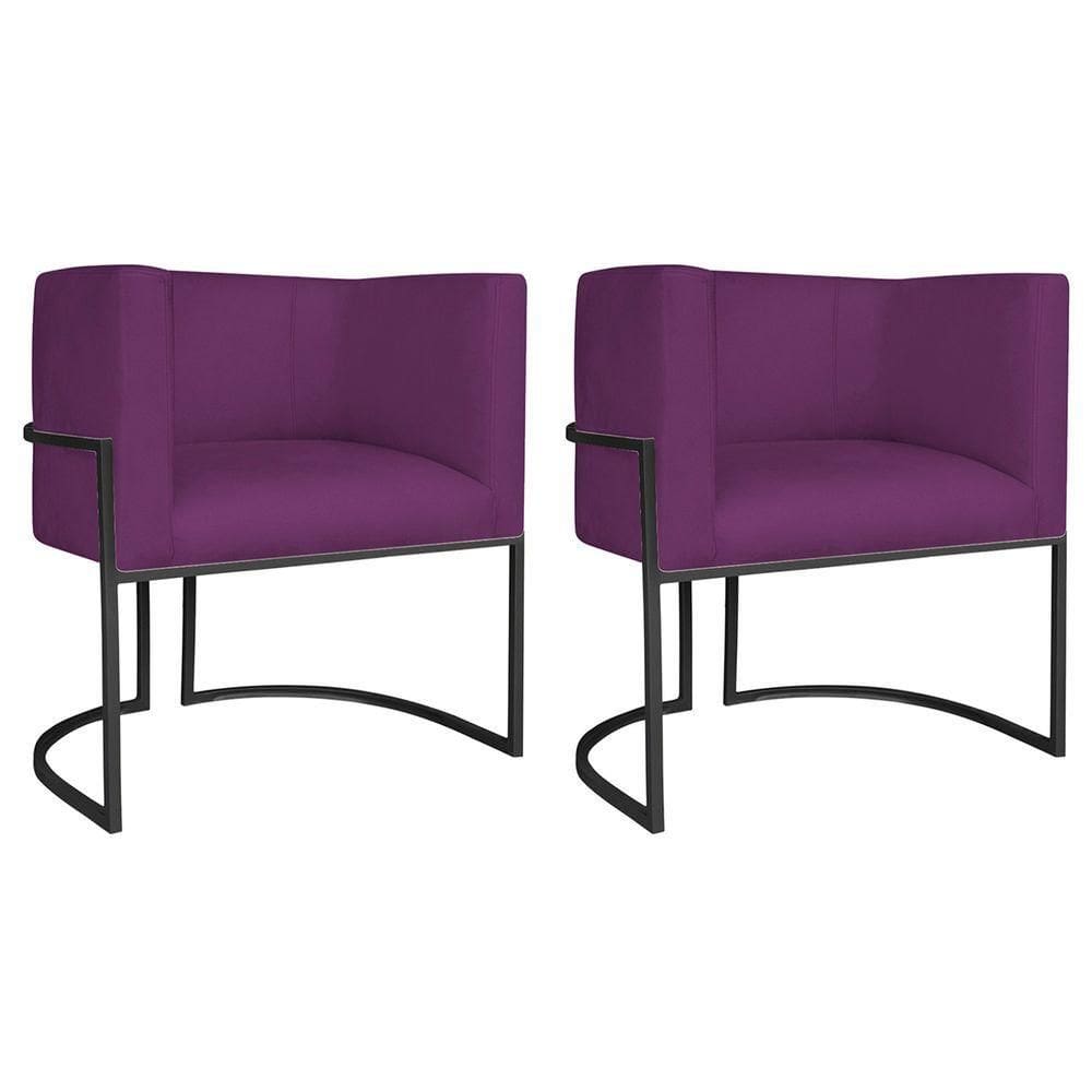 Kit 02 Poltronas Decorativas Luna Base De Ferro Preto Suede Roxo