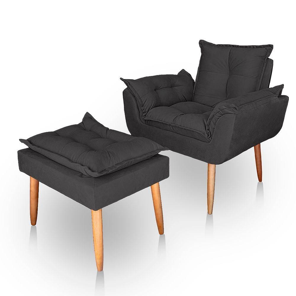 Poltrona Opala Para Sala Com Puff Reforçada Suede Cor Cinza