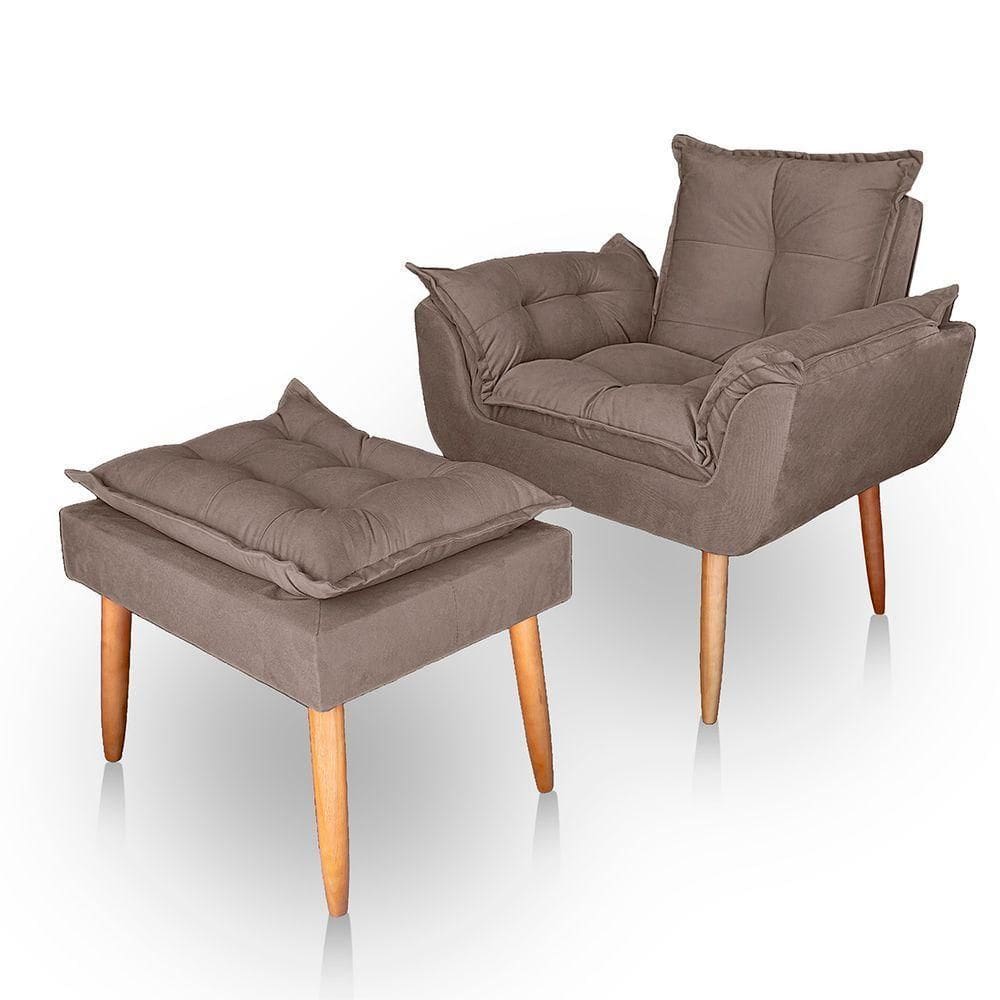 Poltrona Opala Para Sala Com Puff Reforçada Suede Capuccino