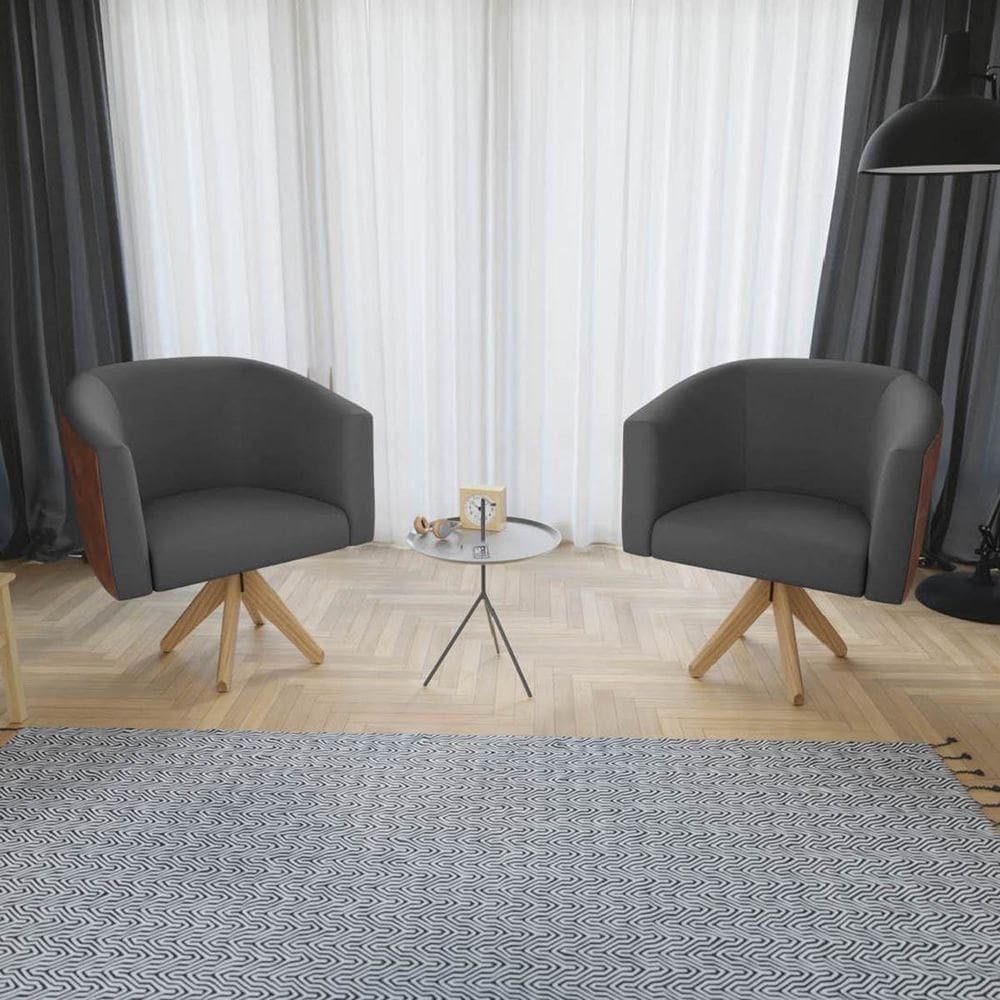 Kit 02 Poltronas Base Giratória De Madeira Nozes Cinza