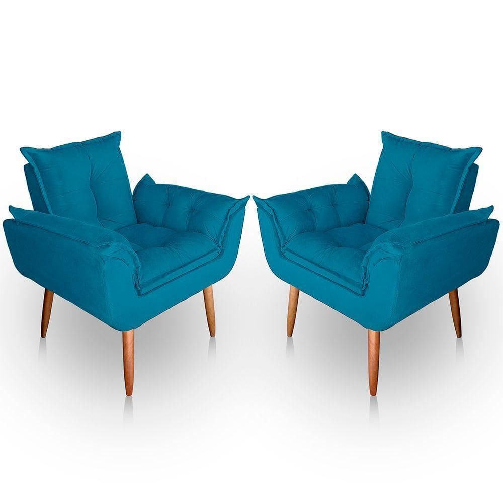Kit 02 Poltrona Para Sala E Quarto Decorativa Opala Suede Cor Azul Turquesa