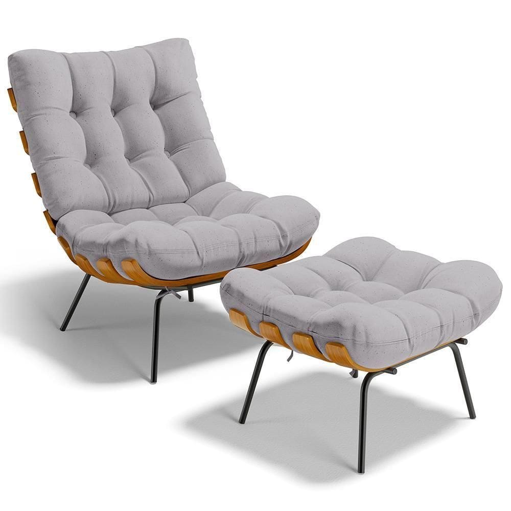 Poltrona Costela L02 Com Puff Sala De Estar Linho Cinza - Lyam Decor
