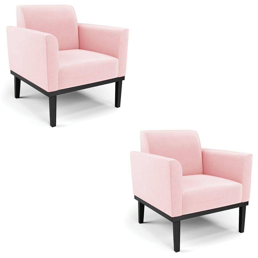 Poltrona Base Madeira Preto Kit 2 Maressa Suede Rosa Bebê