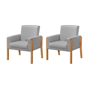 Kit 2 Poltronas Sala De Espera Pés Em Madeira Santorini Linho Cinza - Cinza