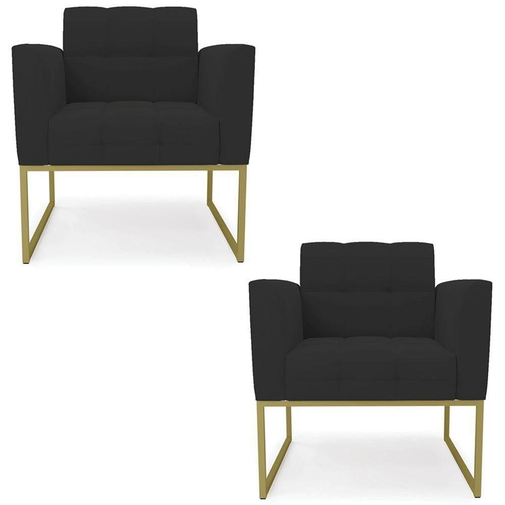 Poltrona Base Industrial Dourado Kit 2 Ana Veludo Preto