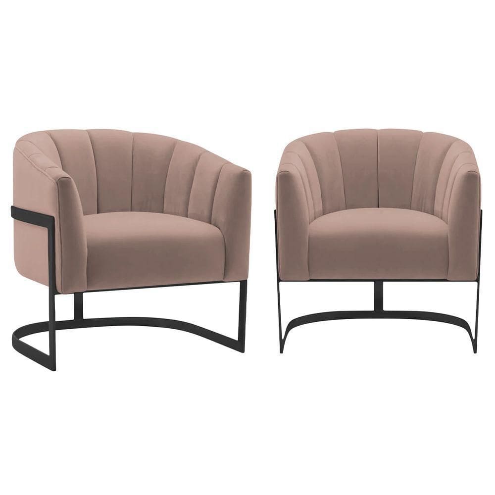Kit 2 Poltronas Decorativas Sala De Estar Recepção Mavie Base De Ferro Preto Linho Adj Decor Rosê