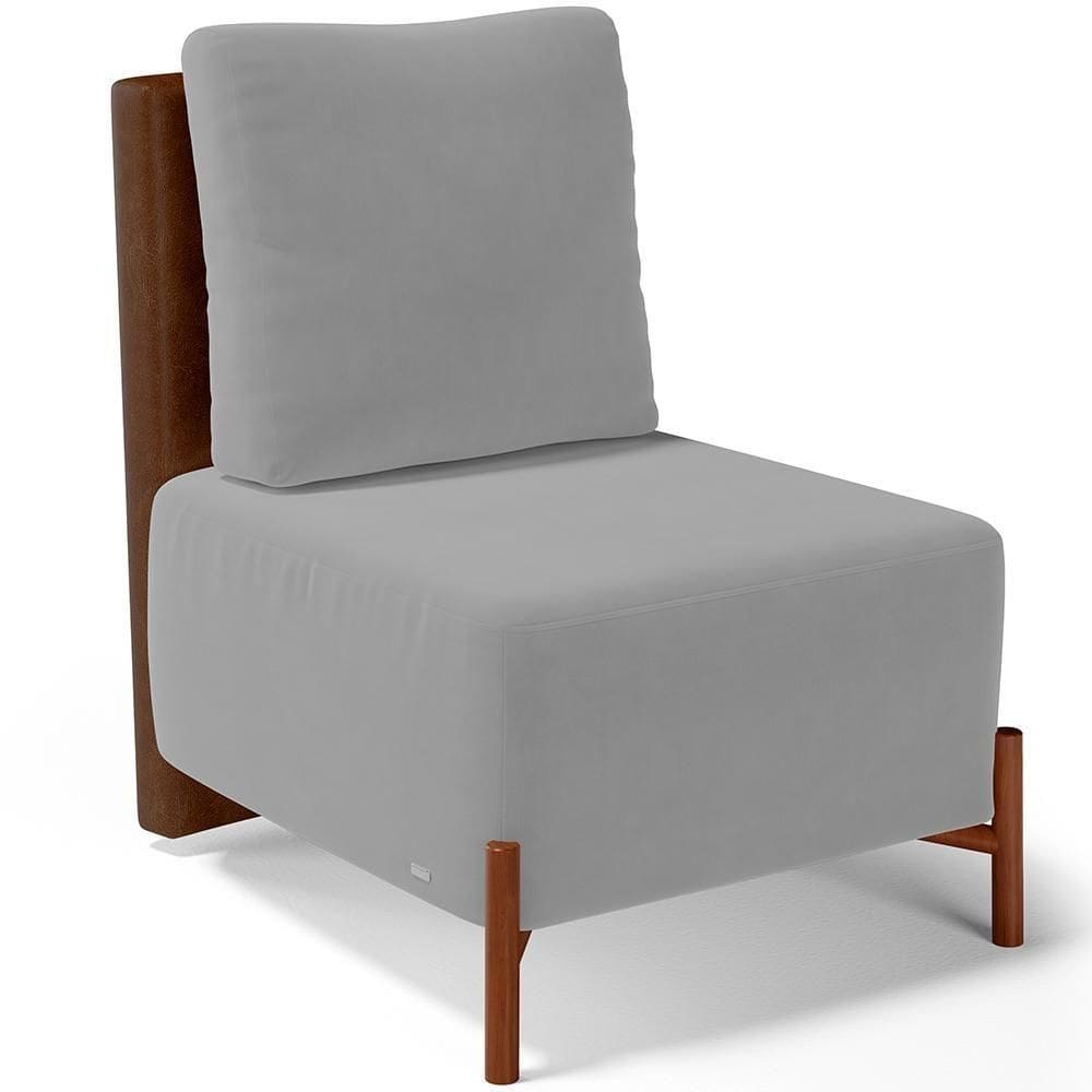 Poltrona Decorativa Sala De Estar Living Pés Madeira Hungria L02 Couríssimo Marrom Suede Cinza
