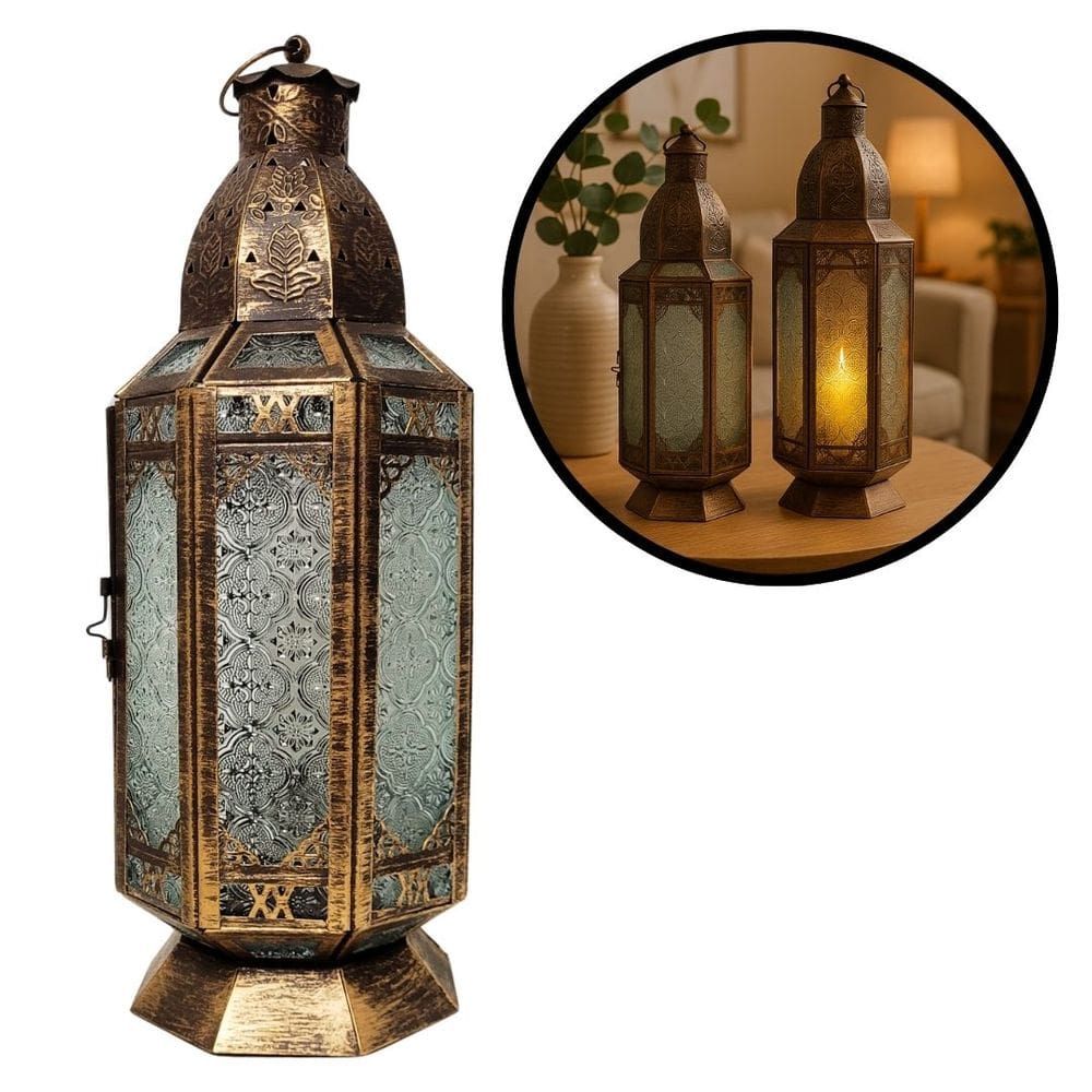 Lanterna Decorativa Hexagonal Bronze Rústico Metal e Vidro Prime 45cm x 15cm