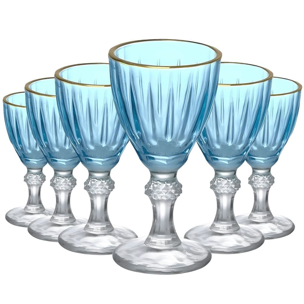 Jogo com 6 Taças para Licor Dominic de Vidro Azul Borda Dourada 55ml