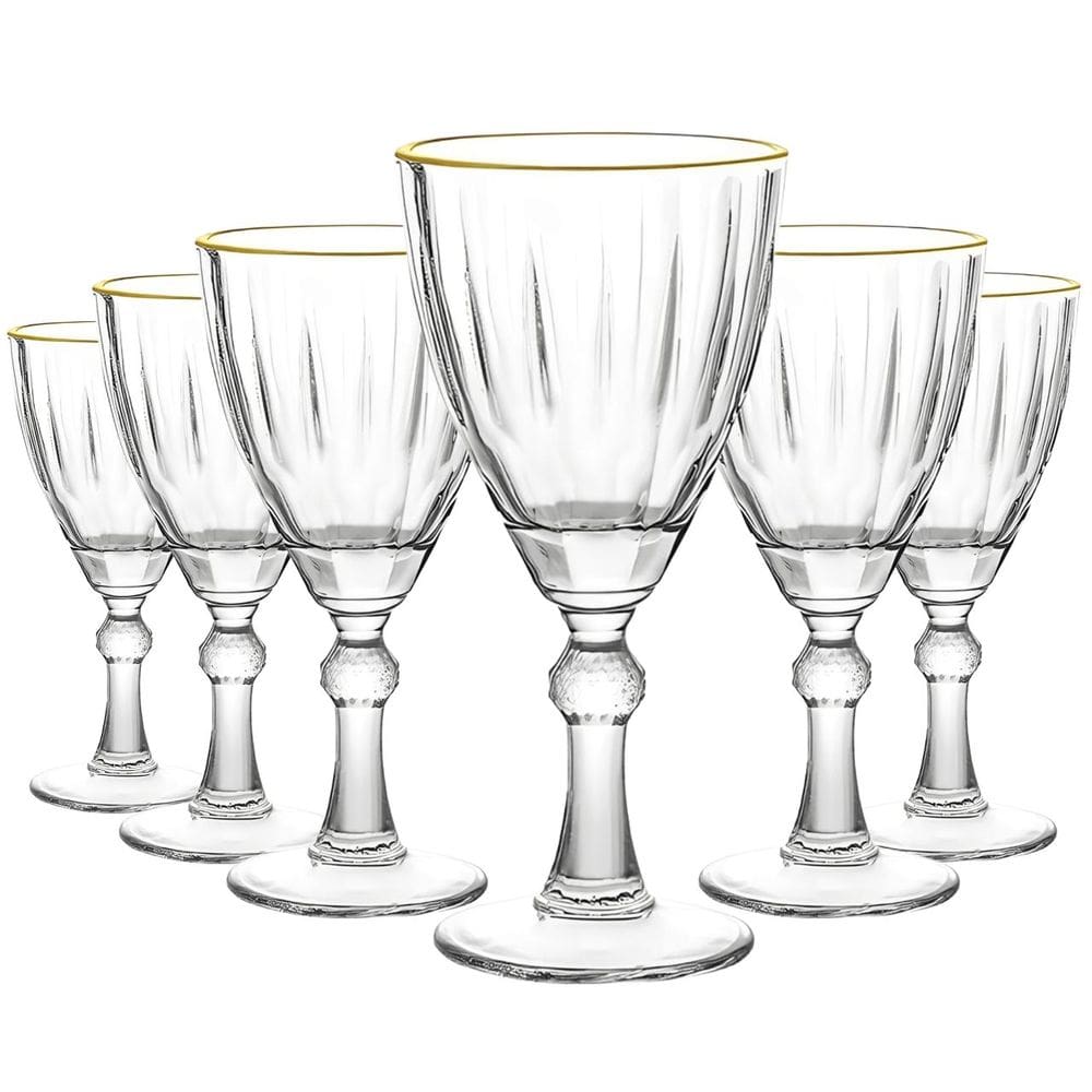 Jogo com 6 Taças Dominic de Vidro Transparente Com Borda Dourada para Vinho ou Água 275ml