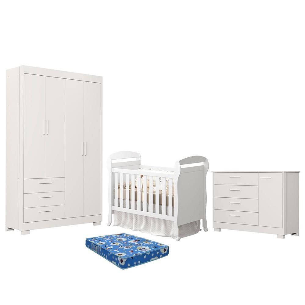 Dormitório Infantil Zaki Guarda Roupa, Cômoda e Berço Danny com Colchão Baby Physical - Reller Móveis