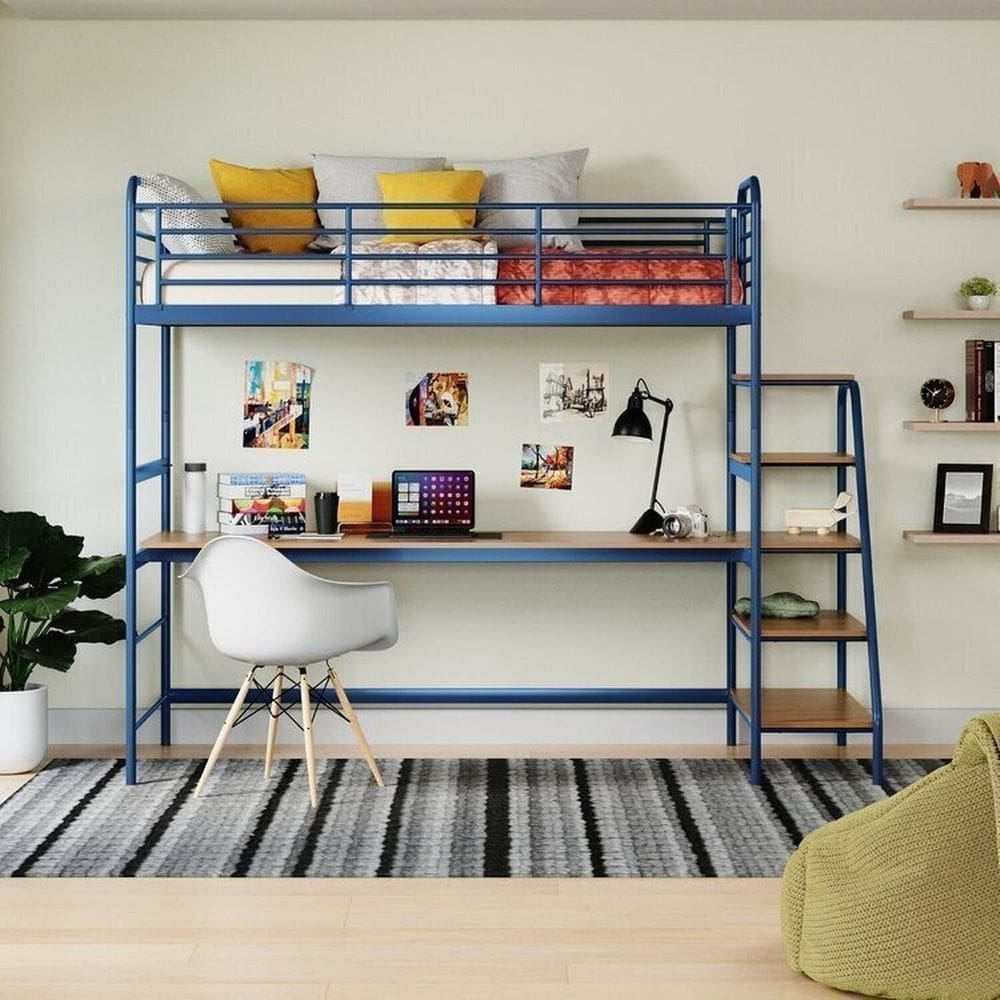 Conjunto Cama Alta Infantil / Juvenil com Mesa de Estudos Teko Casatema Azul/ Álamo