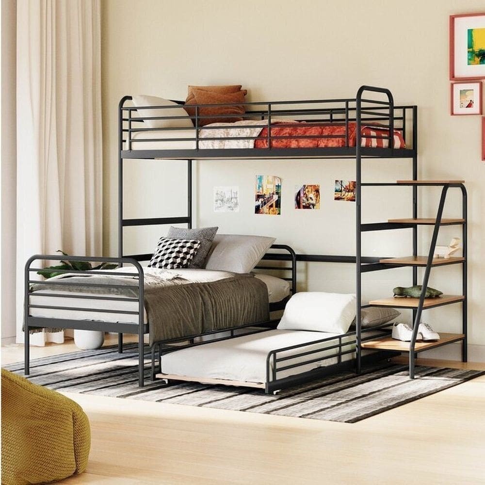 Conjunto Cama Alta com Bicama Infantil / Juvenil Teko Casatema Preto Fosco /Álamo