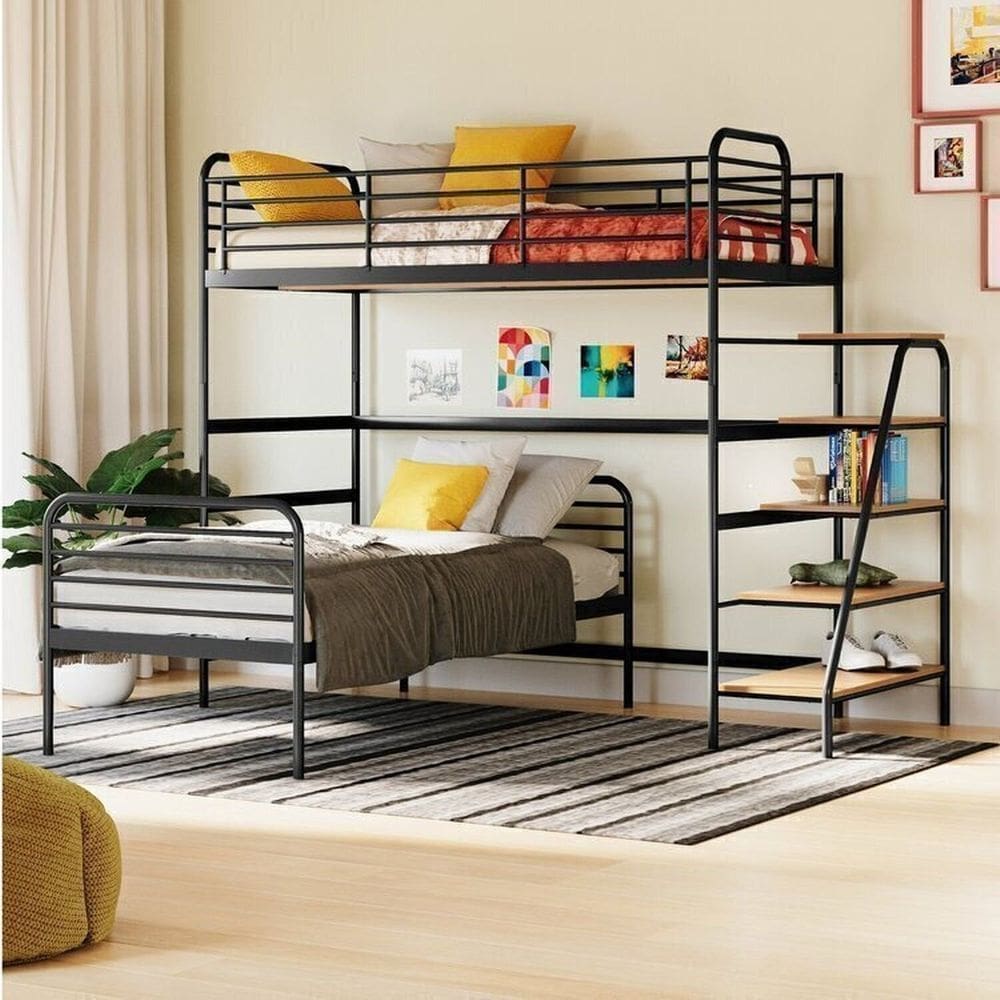 Conjunto Cama Alta com Cama Solteiro Infantil / Juvenil Teko Casatema Preto Fosco / Álamo