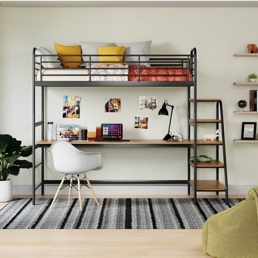 Conjunto Cama Alta Infantil / Juvenil com Mesa de Estudos Teko Casatema Preto Fosco / Álamo
