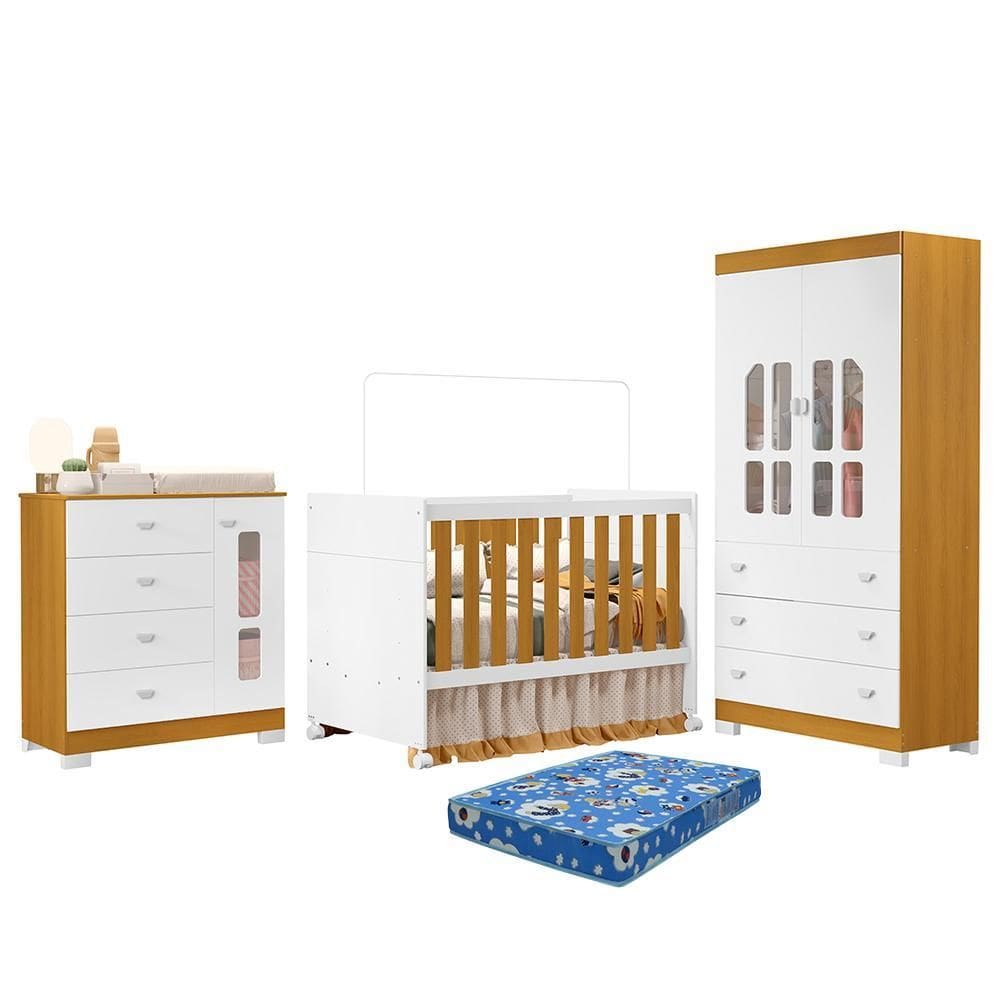 Dormitório Infantil New Katatau Guarda Roupa, Cômoda e Berço com Colchão Baby Physical - Reller Móveis