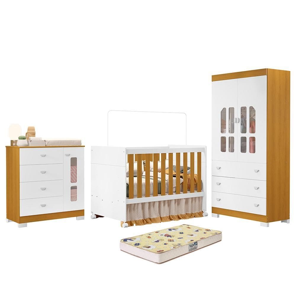 Dormitório Infantil New Katatau Guarda Roupa, Cômoda e Berço com Colchão Supreme - Reller Móveis
