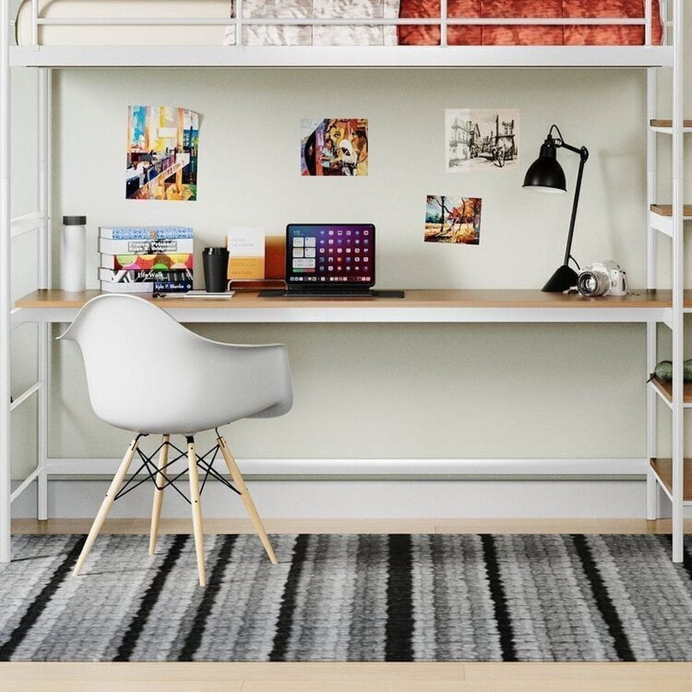 Conjunto Cama Alta Infantil / Juvenil com Mesa de Estudos Teko Casatema Branco Fosco / Álamo