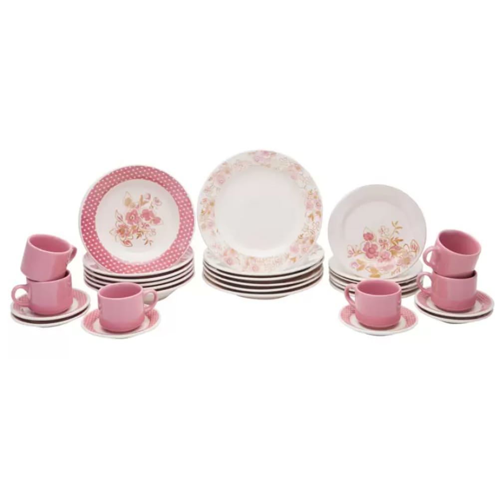 Jogo de Jantar e Cha 30 PC em Ceramica Alto Brilho Rosa Briett