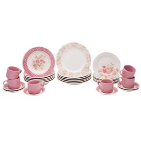 Jogo de Jantar e Cha 30 PC em Ceramica Alto Brilho Rosa Briett