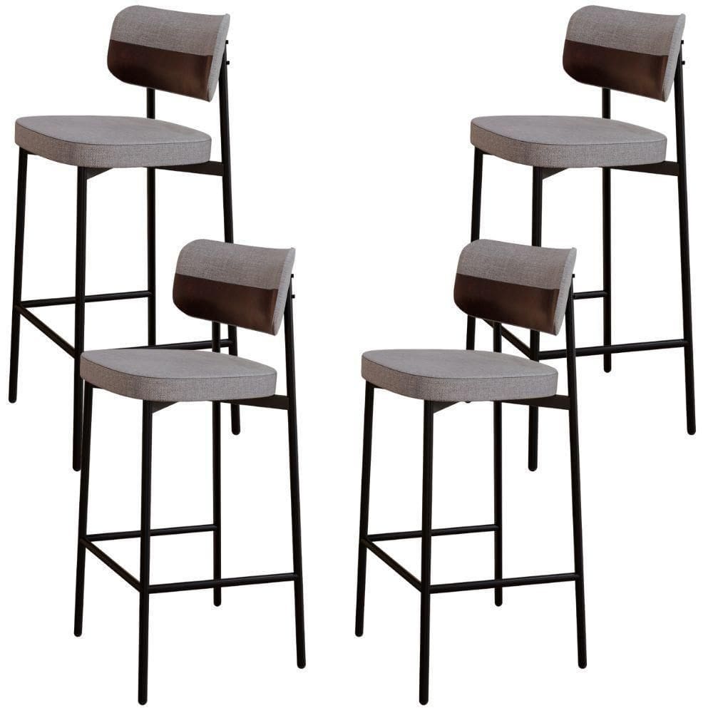 Kit 04 Banquetas Alta Bar Cozinha Sala De Jantar Aço Preto Kaira C01 Linho Cinza Courino Café - Lyam Decor