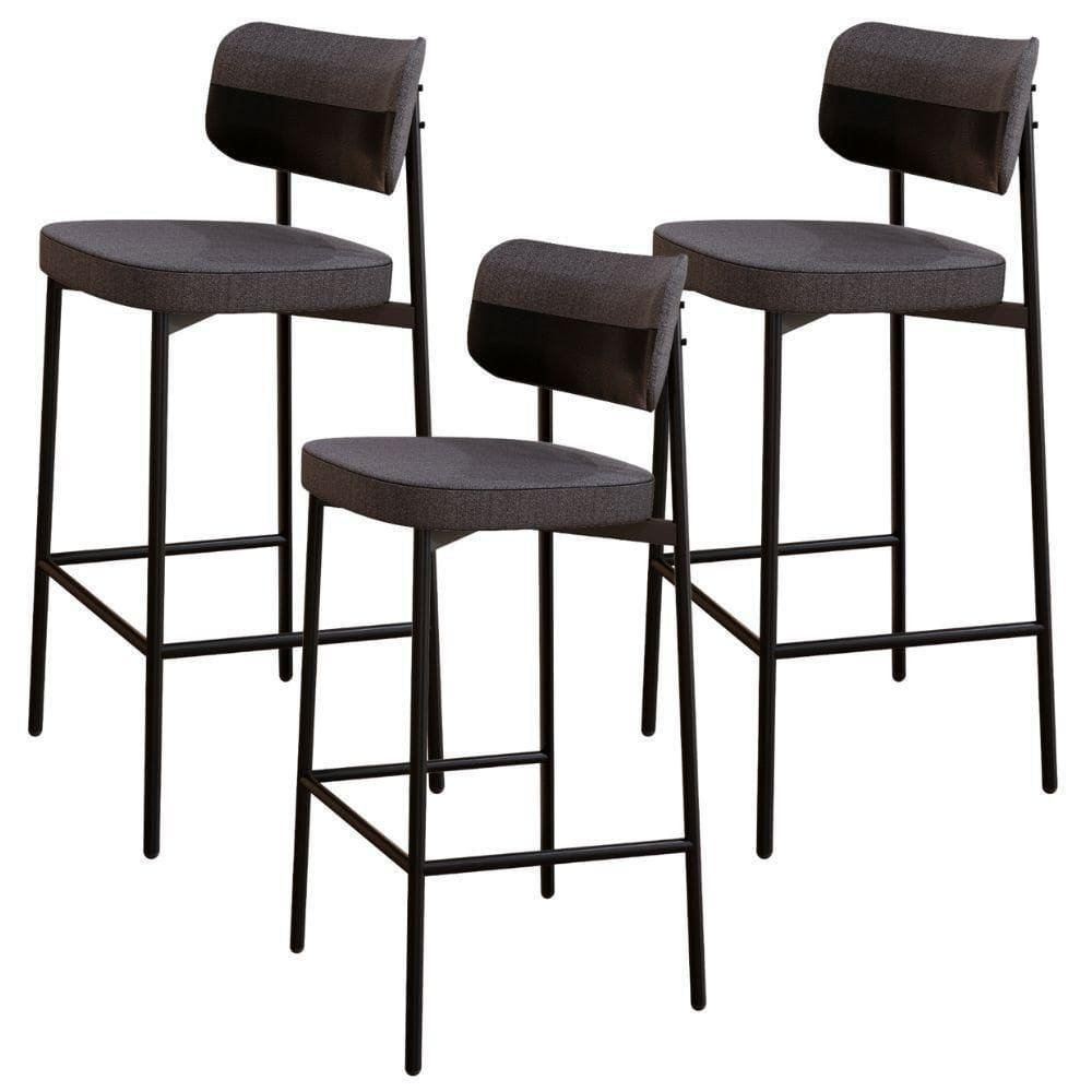 Kit 03 Banquetas Alta Bar Cozinha Sala De Jantar Aço Preto Kaira C01 Linho Preto Courino Preto - Lyam Decor