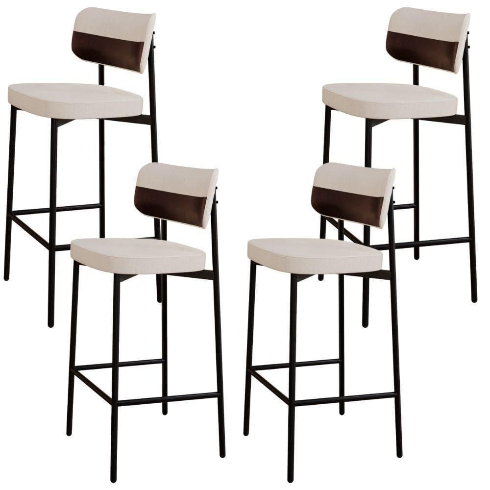 Kit 04 Banquetas Alta Bar Cozinha Sala De Jantar Aço Preto Kaira C01 Linho Palha Courino Café - Lyam Decor