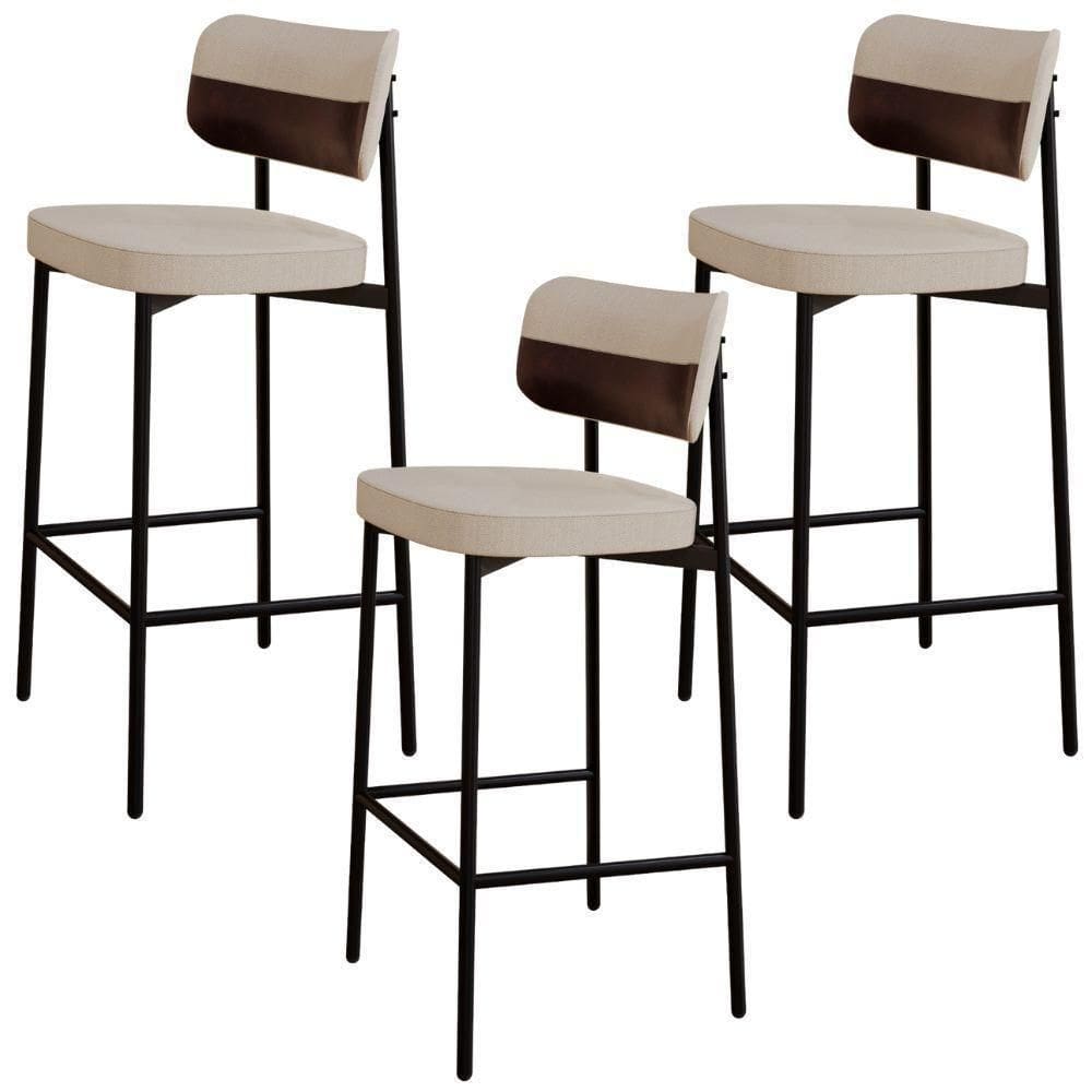 Kit 03 Banquetas Alta Bar Cozinha Sala De Jantar Aço Preto Kaira C01 Linho Areia Courino Café - Lyam Decor