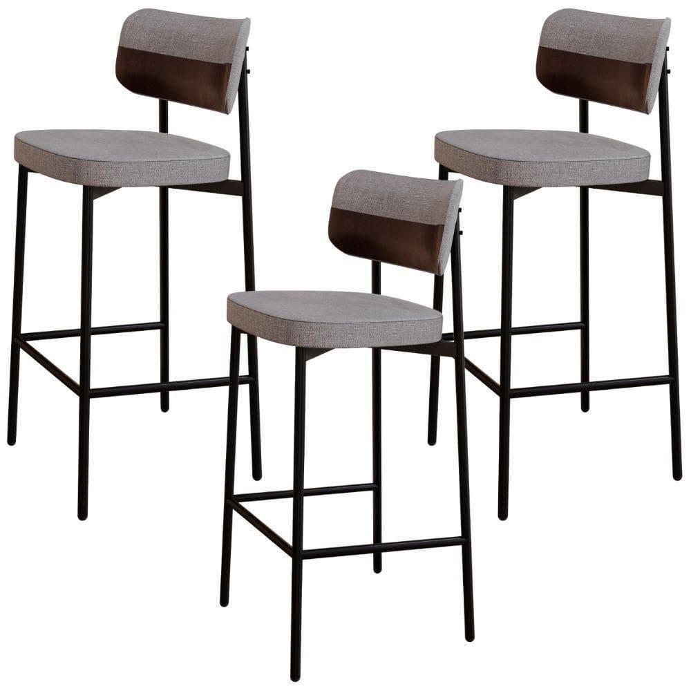 Kit 03 Banquetas Alta Bar Cozinha Sala De Jantar Aço Preto Kaira C01 Linho Cinza Courino Café - Lyam Decor