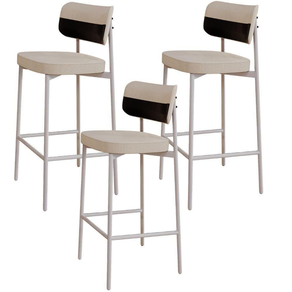 Kit 03 Banquetas Alta Bar Cozinha Sala De Jantar Aço Branco Kaira C01 Linho Areia Courino Preto - Lyam Decor