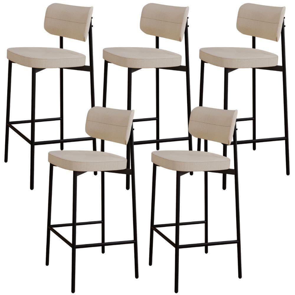 Kit 05 Banquetas Alta Bar Cozinha Sala De Jantar Aço Preto Kaira C01 Linho Areia - Lyam Decor
